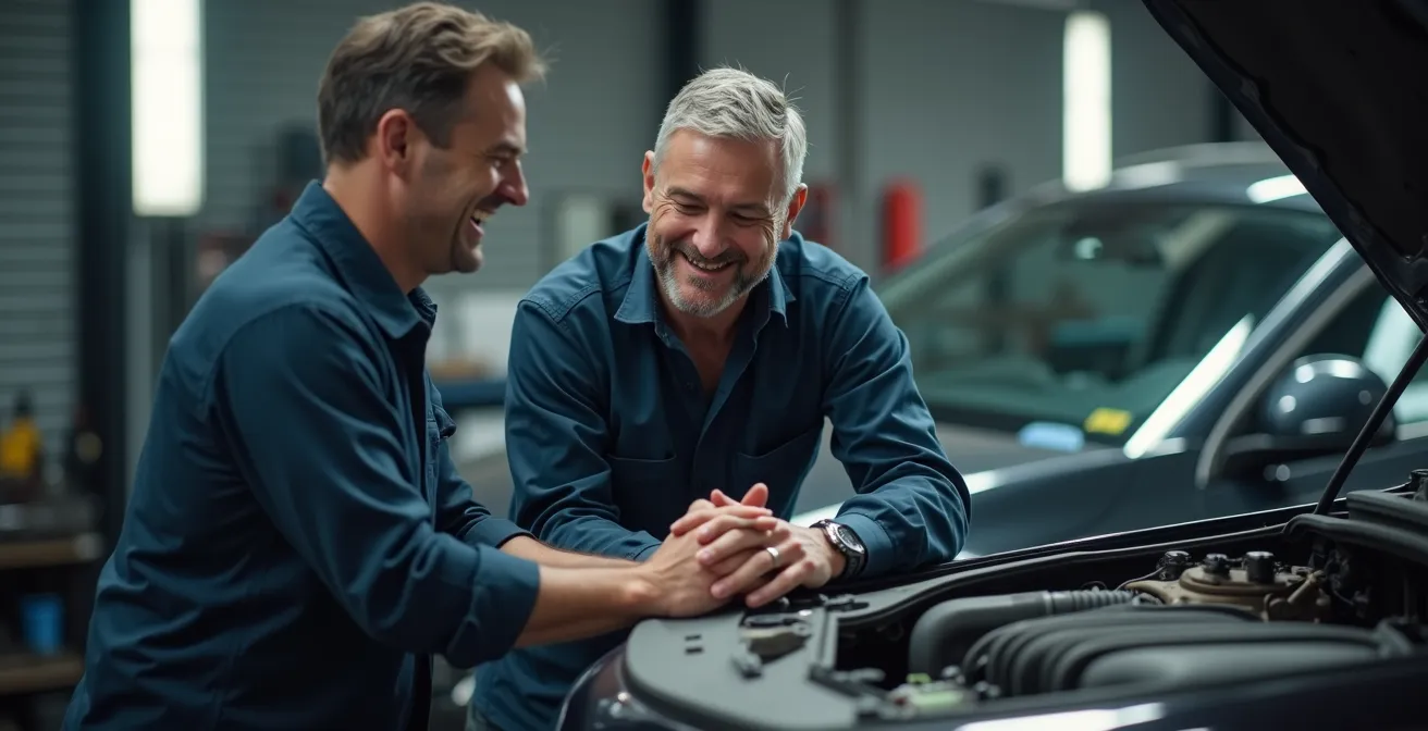 Immagine di una conversazione amichevole tra cliente e meccanico vicino a un'auto in officina